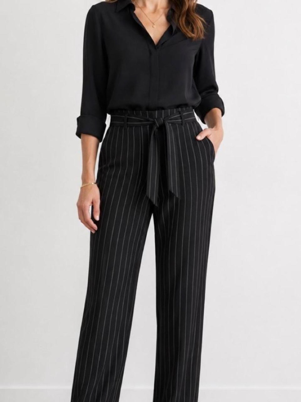 LOFT Black Pinstripe Tie-Waist Trousers
